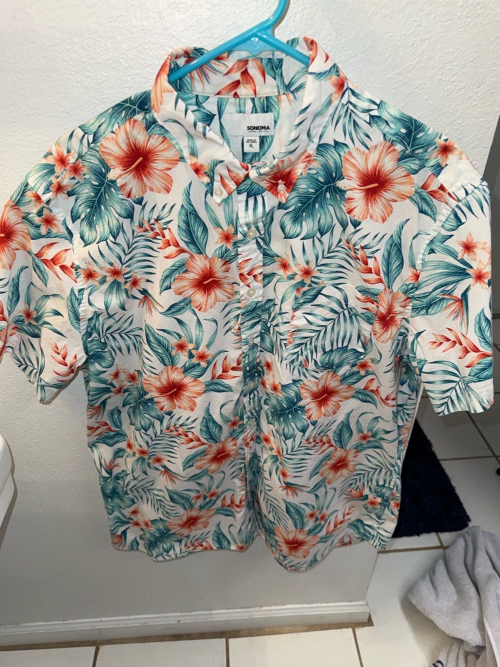 SONOMA Tropical Floral Short Sleeve Button-Down Shirt - Teal & Coral